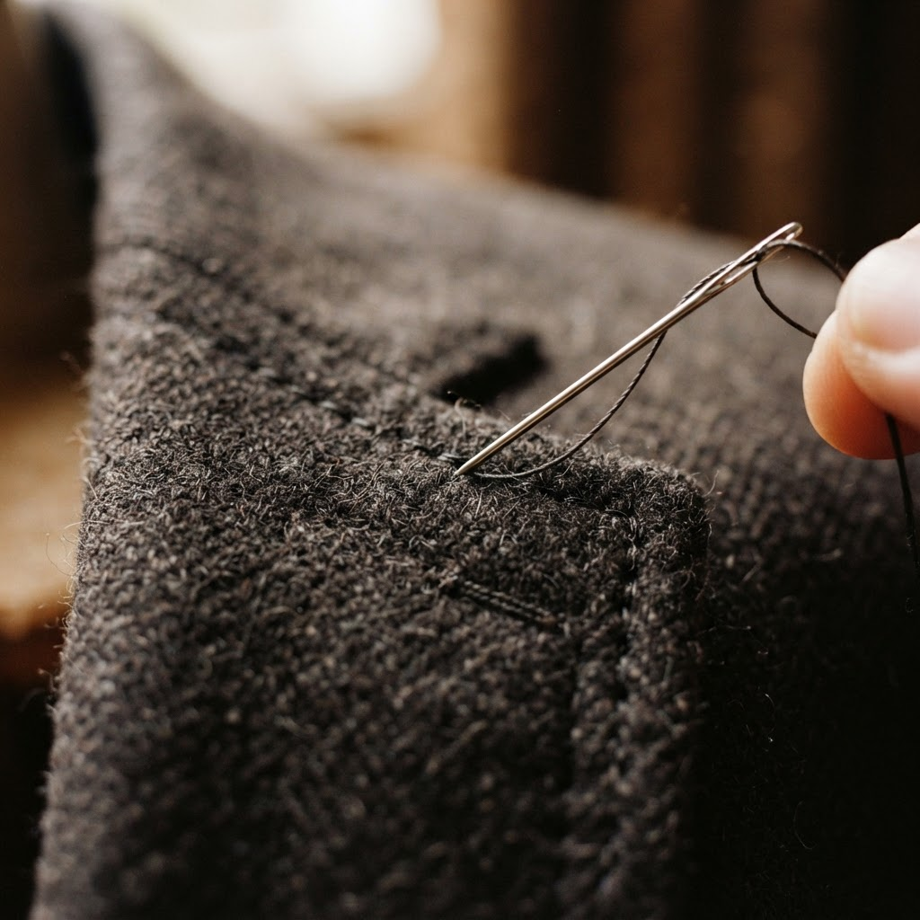 Close-up of precise hand stitching on wool