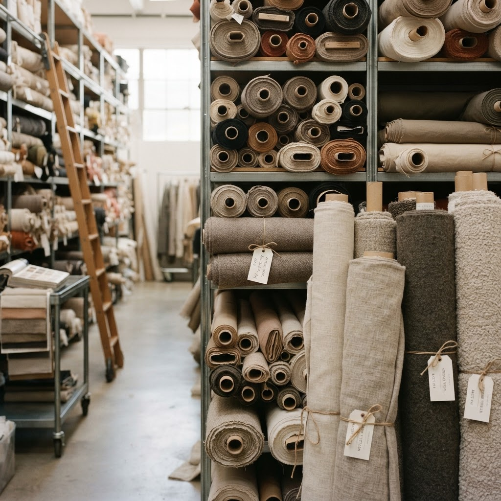 Rolls of premium fabric in a sourcing warehouse