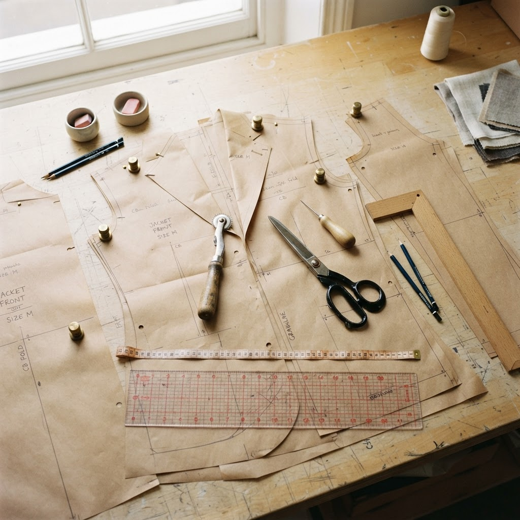 Patternmaking table with paper patterns and tools