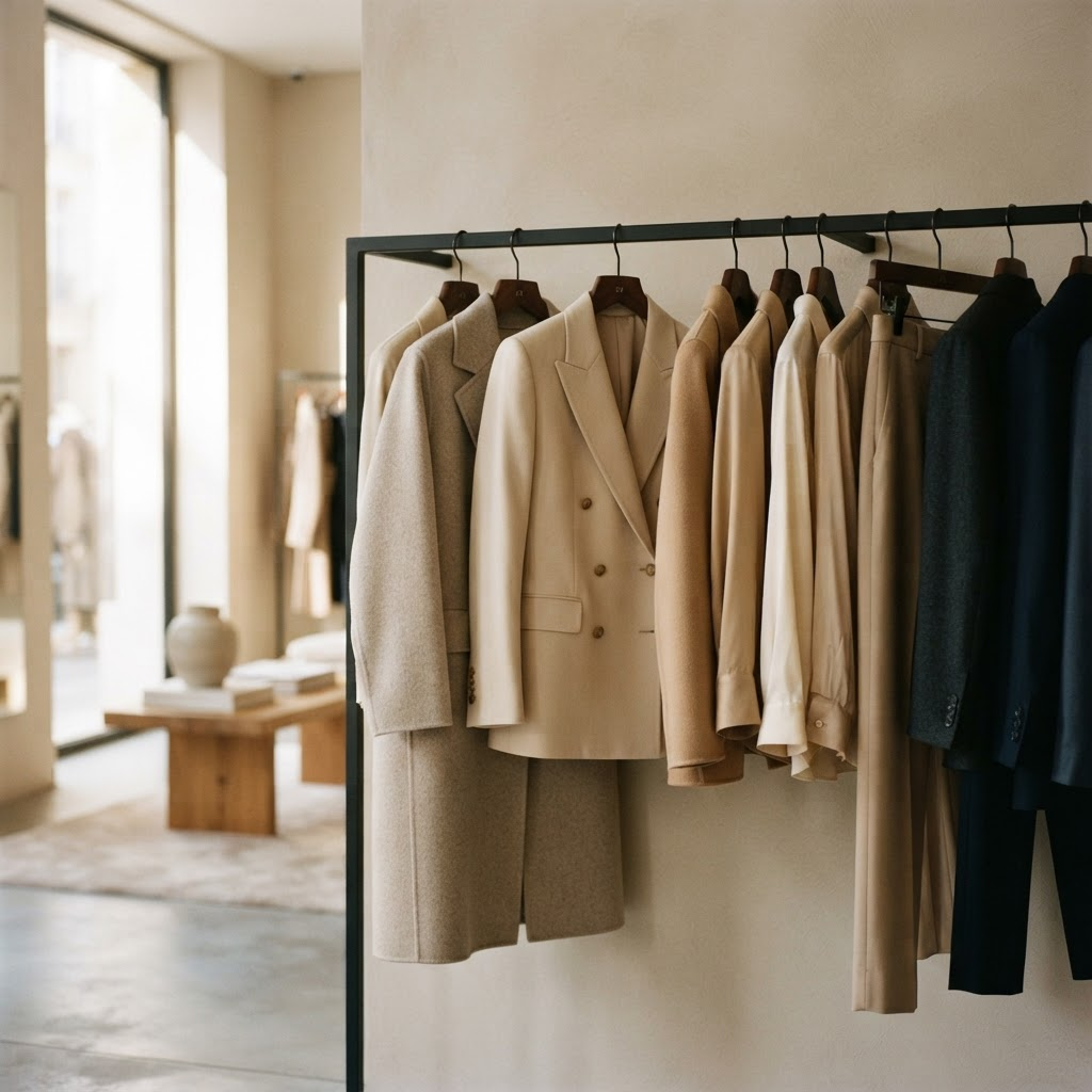 Finished tailored garments on a showroom rail
