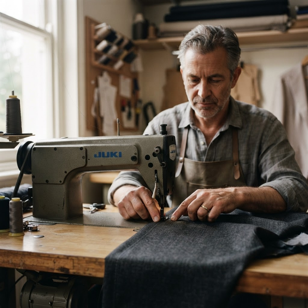 A tailor guiding fabric through a sewing machine